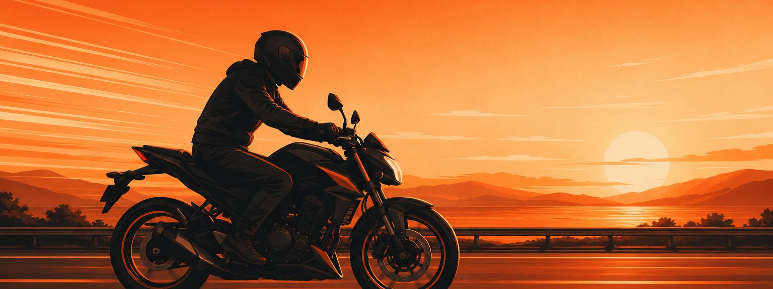 Gün batımında motosiklet süren sürücü
